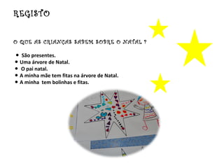 REGISTO


O QUE AS CRIANÇAS SABEM SOBRE O NATAL ?

● São presentes.
● Uma árvore de Natal.
● O pai natal.
● A minha mãe tem fitas na árvore de Natal.
● A minha tem bolinhas e fitas.
 