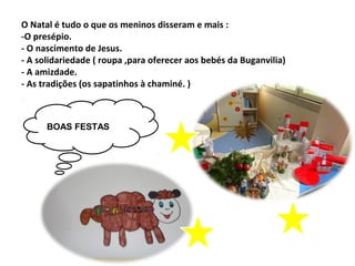 O Natal é tudo o que os meninos disseram e mais :
-O presépio.
- O nascimento de Jesus.
- A solidariedade ( roupa ,para oferecer aos bebés da Buganvilia)
- A amizdade.
- As tradições (os sapatinhos à chaminé. )



      BOAS FESTAS
      NB
 