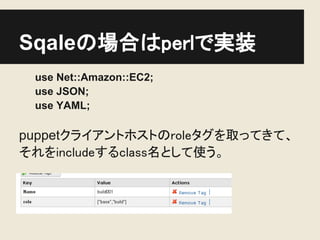Sqaleの場合はperlで実装
 use Net::Amazon::EC2;
 use JSON;
 use YAML;

puppetクライアントホストのroleタグを取ってきて、
それをincludeするclass名として使う。
 