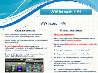 WW Intouch HMI
WW Intouch HMI;
Önemli Faydaları
 Kolay kullanımı ile uygulama geliştiricilerinin ve
operatörlerin daha verimli çalışmasını sağlar.
 Hemen hemen her cihaz ve sistem ile tam entegrasyon
ve bağlanabilirlik.
 Archestra System Platform entegrasyonu ile
mühendislik verimliliğini arttırarak,şirket çapında veri
toplama ve kontrolünü sağlar.
 Çarpıcı grafik görselleri ile doğru zamanda doğru
kişilere doğru bilgileri göstermektedir.
Önemli Yetenekleri
 Üstün grafik ve semboller.
 Kendi özel ihtiyaçlarınız için uygulama geliştirmenize
olanak sağlayan gelişmiş kodlama.
 Gerçek zamanlı alarm izleme ve tarihsel veri analizi için
görseller.
 Sistem içine entegre veri seviyesinde güvenlik.
 Dahili gerçek zamanlı ve tarihsel trend analizi.
 MS ActiveX ve .Net kontrolleri ile tam entegre olma.
 Önceden tasarlanmış 500’den fazla
özelleştirilebilir, genişletilebilir, grafik ve nesne
kütüphanesi.
 MS Uzak Masaüstü Erişimi,Akıllı kart kimlik
doğrulaması ve Hyper-V sanallaştırma desteği ile daha
 