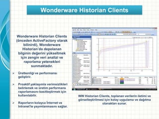 Wonderware Historian Clients
(önceden ActiveFactory olarak
bilinirdi), Wonderware
Historian’da depolanan
bilginin değerini yükseltmek
için zengin veri analizi ve
raporlama yetenekleri
sunmaktadır.
WW Historian Clients, toplanan verilerin iletimi ve
görselleştirilmesi için kolay uygulama ve dağıtma
olanakları sunar.
Wonderware Historian Clients
 Üretkenliği ve performansı
geliştirir.
 Proaktif yaklaşımla verimsizlikleri
belirlemek ve üretim performans
raporlamasını basitleştirmek için
kullanılabilir.
 Raporların kolayca İnternet ve
Intranet’te yayımlanmasını sağlar.
 