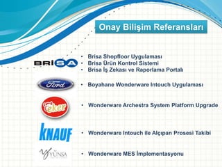 • Brisa Shopfloor Uygulaması
• Brisa Ürün Kontrol Sistemi
• Brisa İş Zekası ve Raporlama Portalı
• Boyahane Wonderware Intouch Uygulaması
• Wonderware Archestra System Platform Upgrade
• Wonderware Intouch ile Alçıpan Prosesi Takibi
Onay Bilişim Referansları
• Wonderware MES İmplementasyonu
 