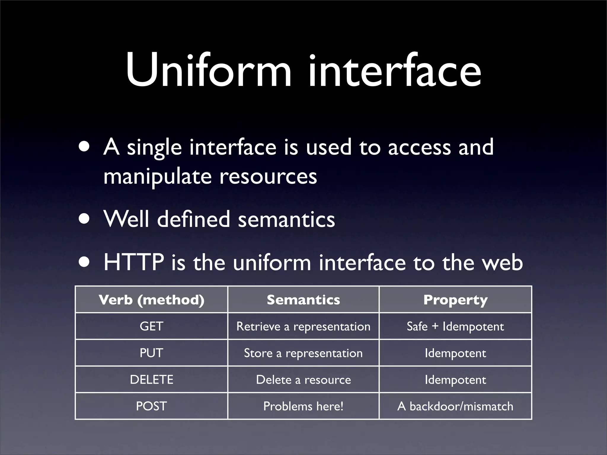Uniform interface
• A single interface is used to access and
  manipulate resources
• Well deﬁned semantics
• HTTP is the uniform interface to the web
  Verb (method)        Semantics                  Property
       GET        Retrieve a representation    Safe + Idempotent

       PUT         Store a representation         Idempotent

     DELETE          Delete a resource            Idempotent

      POST             Problems here!         A backdoor/mismatch
 