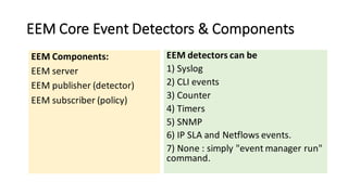 EEM	Core	Event	Detectors	&	Components
EEM	detectors	can	be
1)	Syslog
2)	CLI	events
3)	Counter
4)	Timers	
5)	SNMP	
6)	IP	SL...