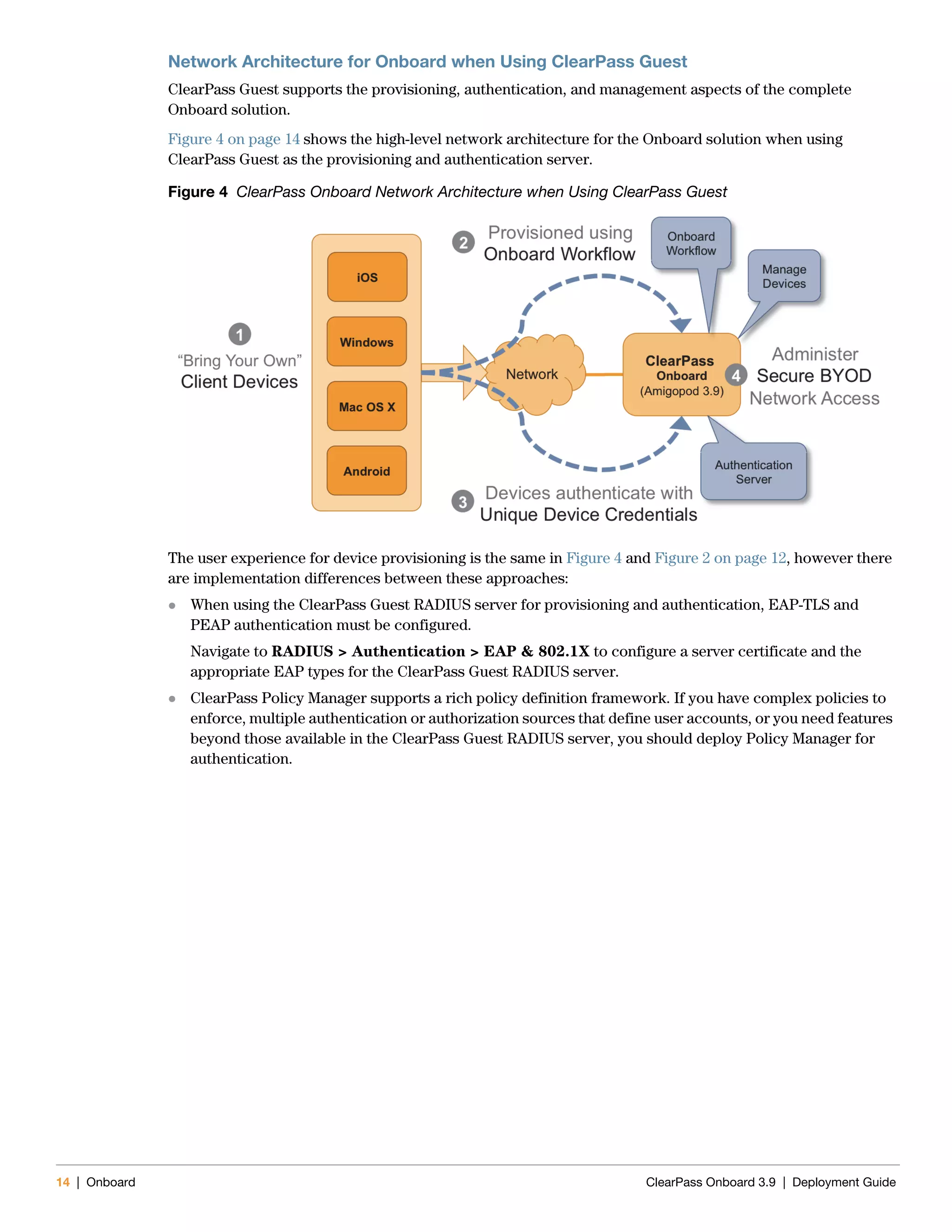 14 | Onboard ClearPass Onboard 3.9 | Deployment Guide
Network Architecture for Onboard when Using ClearPass Guest
ClearPass Guest supports the provisioning, authentication, and management aspects of the complete
Onboard solution.
Figure 4 on page 14 shows the high-level network architecture for the Onboard solution when using
ClearPass Guest as the provisioning and authentication server.
Figure 4 ClearPass Onboard Network Architecture when Using ClearPass Guest
The user experience for device provisioning is the same in Figure 4 and Figure 2 on page 12, however there
are implementation differences between these approaches:
 When using the ClearPass Guest RADIUS server for provisioning and authentication, EAP-TLS and
PEAP authentication must be configured.
Navigate to RADIUS > Authentication > EAP & 802.1X to configure a server certificate and the
appropriate EAP types for the ClearPass Guest RADIUS server.
 ClearPass Policy Manager supports a rich policy definition framework. If you have complex policies to
enforce, multiple authentication or authorization sources that define user accounts, or you need features
beyond those available in the ClearPass Guest RADIUS server, you should deploy Policy Manager for
authentication.
 
