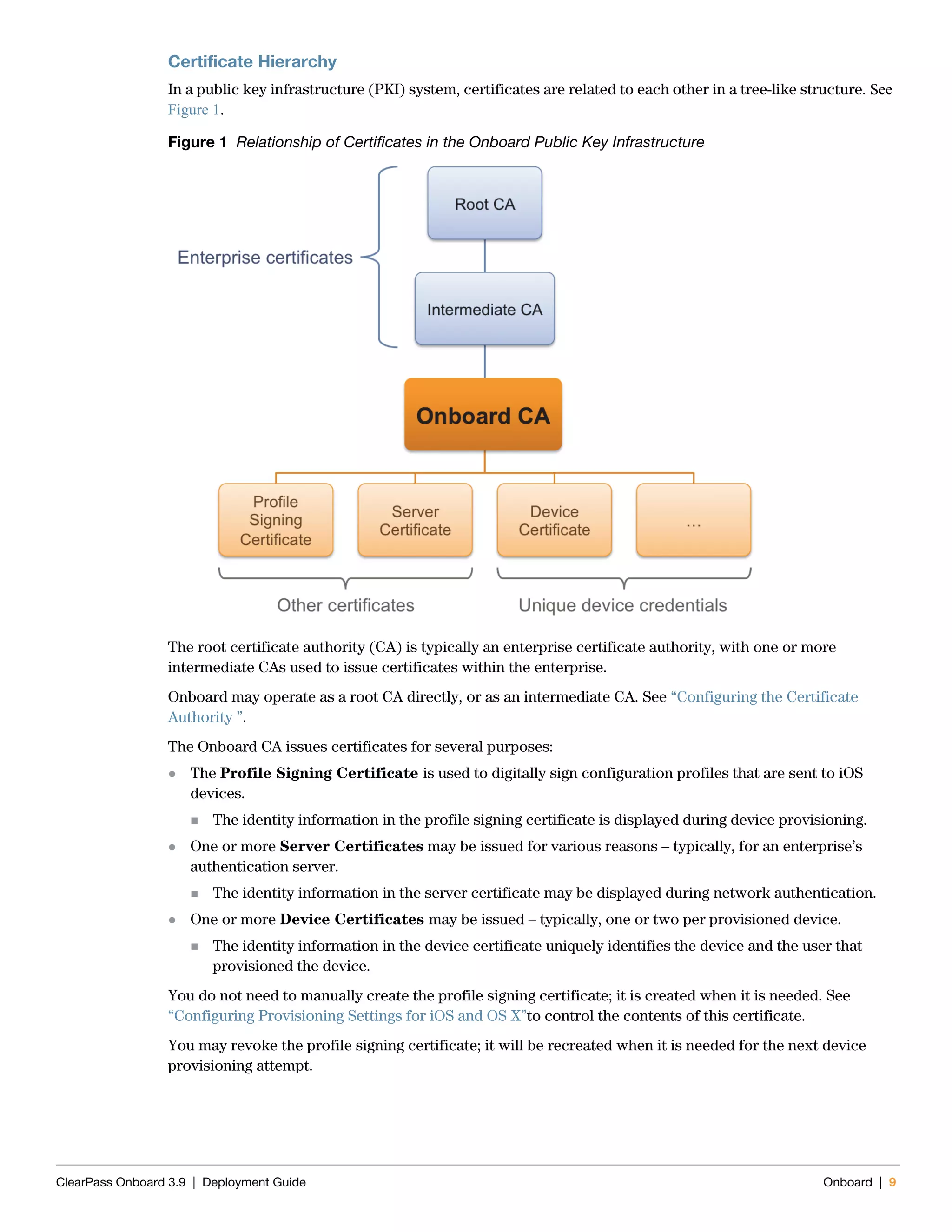 ClearPass Onboard 3.9 | Deployment Guide Onboard | 9
Certificate Hierarchy
In a public key infrastructure (PKI) system, certificates are related to each other in a tree-like structure. See
Figure 1.
Figure 1 Relationship of Certificates in the Onboard Public Key Infrastructure
The root certificate authority (CA) is typically an enterprise certificate authority, with one or more
intermediate CAs used to issue certificates within the enterprise.
Onboard may operate as a root CA directly, or as an intermediate CA. See “Configuring the Certificate
Authority ”.
The Onboard CA issues certificates for several purposes:
 The Profile Signing Certificate is used to digitally sign configuration profiles that are sent to iOS
devices.
 The identity information in the profile signing certificate is displayed during device provisioning.
 One or more Server Certificates may be issued for various reasons – typically, for an enterprise’s
authentication server.
 The identity information in the server certificate may be displayed during network authentication.
 One or more Device Certificates may be issued – typically, one or two per provisioned device.
 The identity information in the device certificate uniquely identifies the device and the user that
provisioned the device.
You do not need to manually create the profile signing certificate; it is created when it is needed. See
“Configuring Provisioning Settings for iOS and OS X”to control the contents of this certificate.
You may revoke the profile signing certificate; it will be recreated when it is needed for the next device
provisioning attempt.
 