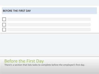 Before the First DayBefore the First DayThere’s a section that lists tasks to complete before the employee’s first day.
