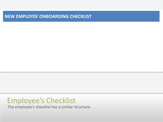 Employee’s ChecklistThe employee’s checklist has a similar structure.New employee onboarding checklist