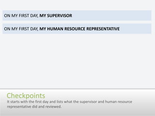 On my First Day, my supervisorOn my First Day, my Human Resource RepresentativeCheckpointsIt starts with the first day and lists what the supervisor and human resource representative did and reviewed.