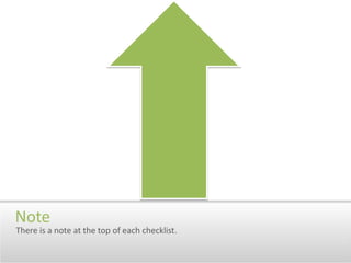 NoteThere is a note at the top of each checklist.