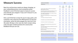 Measure Success
New hire and business needs are always changing, so
your onboarding process must constantly evolve.
Feedback is one of the best ways to measure success
and reiterate your program. If you can’t measure it, you
can’t manage it.
Here, you’ll find two surveys for you to copy, paste, and
customize. One measures the effectiveness of new hire
orientation, while the other gauges the new hire’s first
30 and/or 90 days in the new role. Both include rating
scale and open-ended questions for constructive
feedback that you can use.
 