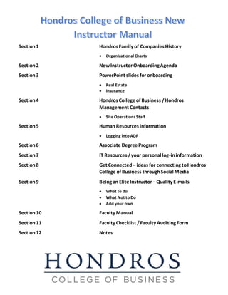 Section1 Hondros Family of Companies History
 Organizational Charts
Section2 NewInstructor Onboarding Agenda
Section3 PowerPoint slides for onboarding
 Real Estate
 Insurance
Section4 Hondros College of Business /Hondros
Management Contacts
 Site Operations Staff
Section5 Human Resources information
 Logging into ADP
Section6 Associate Degree Program
Section7 IT Resources /your personal log-ininformation
Section8 Get Connected – ideas for connecting toHondros
College of Business throughSocial Media
Section9 Being an Elite Instructor –Quality E-mails
 What to do
 What Not to Do
 Add your own
Section10 Faculty Manual
Section11 Faculty Checklist /Faculty Auditing Form
Section12 Notes
 