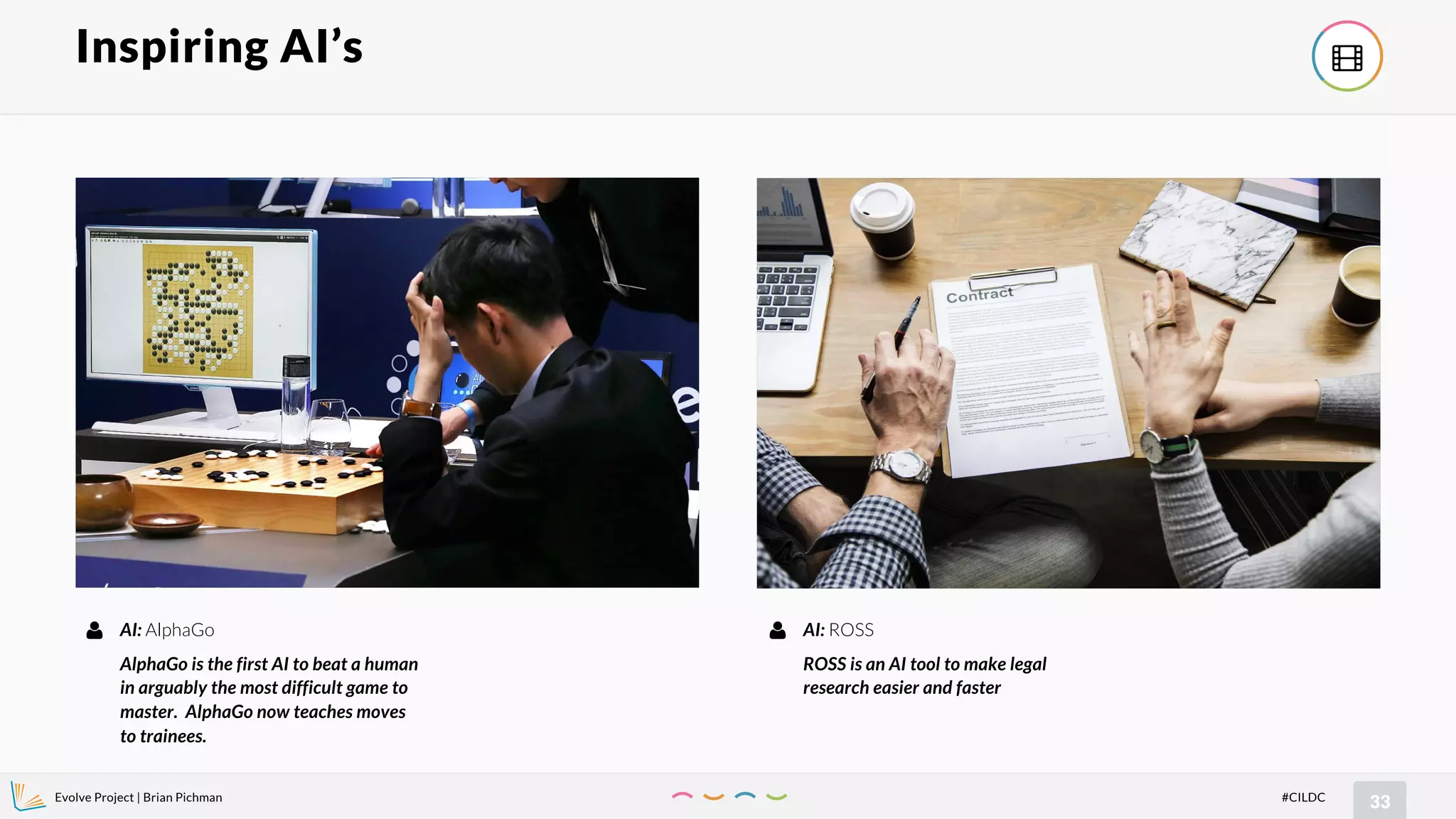 Evolve Project | Brian Pichman
33#CILDC
Inspiring AI’s !
AI: AlphaGo
AlphaGo is the first AI to beat a human
in arguably the most difficult game to
master. AlphaGo now teaches moves
to trainees.
" AI: ROSS
ROSS is an AI tool to make legal
research easier and faster
"
 