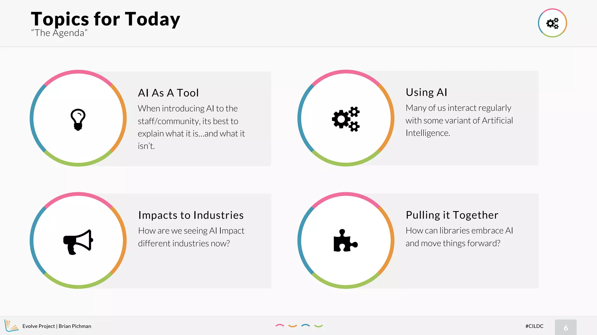 Evolve Project | Brian Pichman
6#CILDC
“The Agenda”
Topics for Today !
AI As A Tool
When introducing AI to the
staff/community, its best to
explain what it is…and what it
isn’t.
"
Impacts to Industries
How are we seeing AI Impact
different industries now?
#
Pulling it Together
How can libraries embrace AI
and move things forward?
$
Using AI
Many of us interact regularly
with some variant of Artificial
Intelligence.
!
 