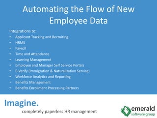 Imagine.  completely paperless HR managementAutomating the Flow of New Employee DataIntegrations to:Applicant Tracking and RecruitingHRMSPayrollTime and AttendanceLearning ManagementEmployee and Manager Self Service PortalsE-Verify (Immigration & Naturalization Service)Workforce Analytics and ReportingBenefits ManagementBenefits Enrollment Processing Partners
