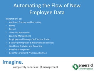 Imagine.  completely paperless HR management<br />Automating the Flow of New Employee Data<br />Integrations to:<br />Appl...
