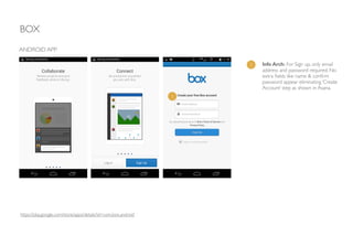 BOX
ANDROID APP
1 Info Arch: For Sign up, only email
address and password required. No
extra ﬁelds like name & conﬁrm
password appear eliminating ‘Create
Account’ step as shown in Asana.
1
https://play.google.com/store/apps/details?id=com.box.android
 