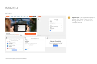 INSIGHTLY
http://www.insightly.com/Home/Index005
WEB APP
1 Interaction: The process for signing up
is linear. User doesn’t have to move
through mailbox or any other app to
complete sign up.
1 2
3 4 5
 
