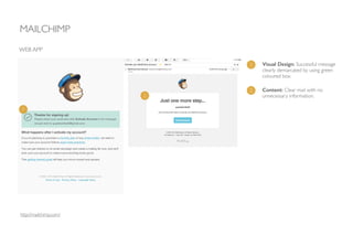 MAILCHIMP
WEB APP
1 Visual Design: Successful message
clearly demarcated by using green
coloured box.
1
2
2 Content: Clear mail with no
unnecessary information.
http://mailchimp.com/
 