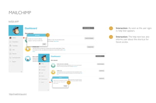 MAILCHIMP
WEB APP
1 Interaction: As soon as the user signs
in, help text appears.
1
2
2 Interaction: The help text box also
informs user about the shortcut for
future access.
http://mailchimp.com/
 