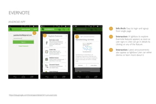 EVERNOTE
https://play.google.com/store/apps/details?id=com.evernote
ANDROID APP
Info Arch: Easy to login and signup
from single page.	

!
Interaction: A lightbox to explore
Evernote features appears as soon as
user signs in. User can go in details by
clicking on any of the feature.	

!
Interaction: Latest announcements
also appear as lightbox. User can either
dismiss or learn more about it.
1
2
3
1
2
3
 