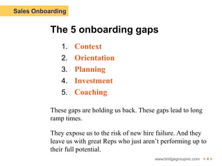 Sales Onboarding


           The 5 onboarding gaps
               1. Context
               2. Orientation
               3. Planning
               4. Investment
               5. Coaching

           These gaps are holding us back. These gaps lead to long
           ramp times.

           They expose us to the risk of new hire failure. And they
           leave us with great Reps who just aren’t performing up to
           their full potential.
                                                 www.bridgegroupinc.com < 4 >
 