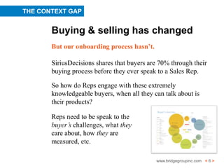 THE CONTEXT GAP


       Buying & selling has changed
       But our onboarding process hasn’t.

       SiriusDecisions shares that buyers are 70% through their
       buying process before they ever speak to a Sales Rep.

       So how do Reps engage with these extremely
       knowledgeable buyers, when all they can talk about is
       their products?

       Reps need to be speak to the
       buyer’s challenges, what they
       care about, how they are
       measured, etc.

                                            www.bridgegroupinc.com < 6 >
 