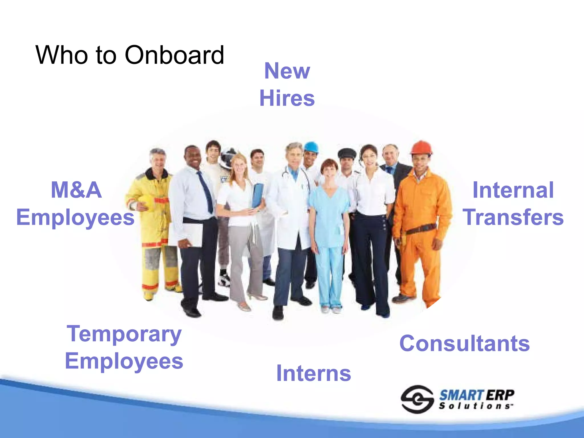 Who to Onboard
                  New
                  Hires



  M&A                              Internal
Employees                         Transfers




   Temporary                 Consultants
   Employees
                   Interns
 