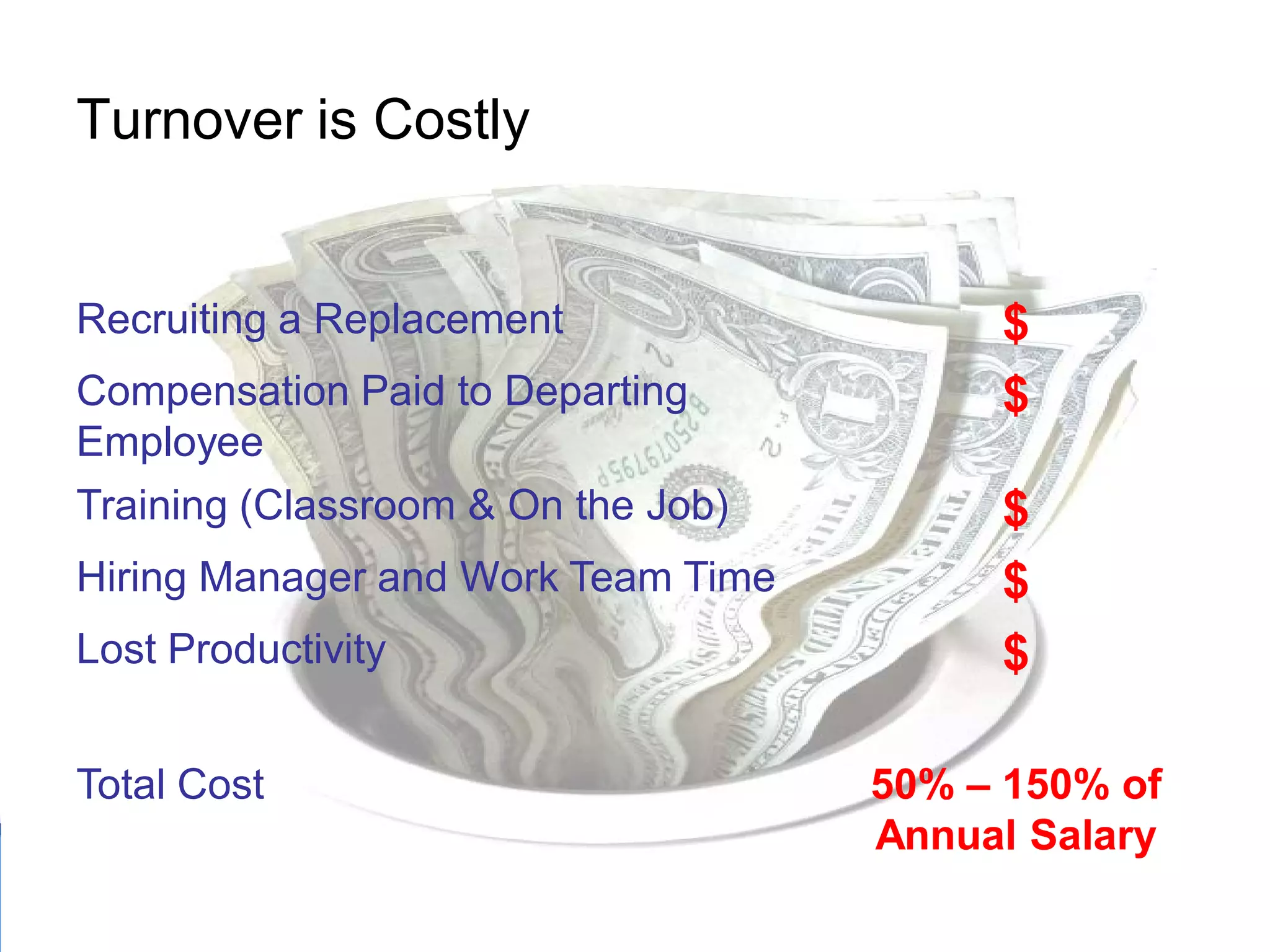 Turnover is Costly


Recruiting a Replacement                 $
Compensation Paid to Departing           $
Employee
Training (Classroom & On the Job)        $
Hiring Manager and Work Team Time        $
Lost Productivity                        $

Total Cost                          50% – 150% of
                                    Annual Salary
 