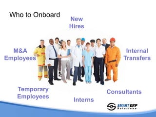 Who to Onboard
                  New
                  Hires



  M&A                              Internal
Employees                         Transfers




   Temporary                 Consultants
   Employees
                   Interns
 