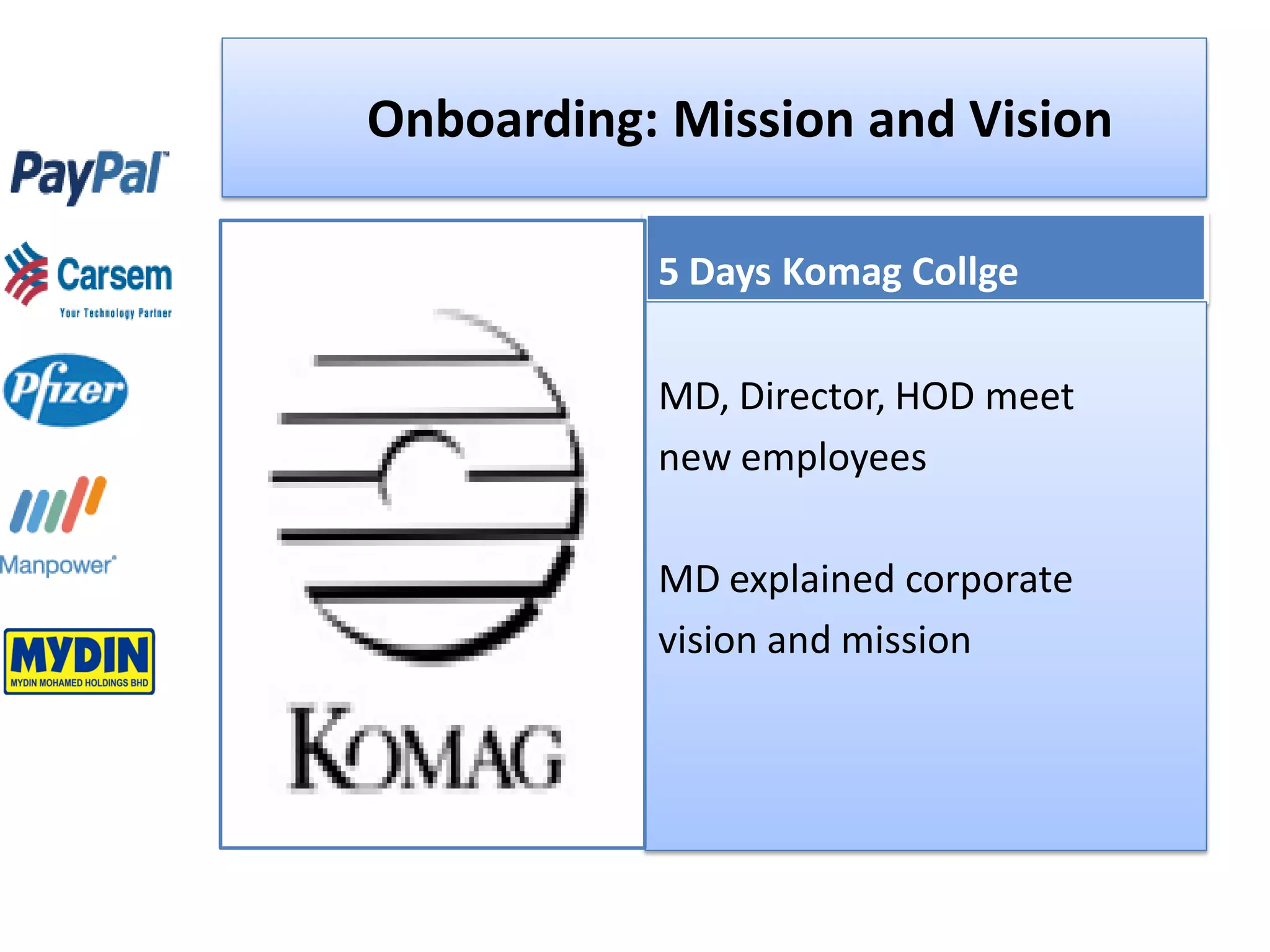 Onboarding: Mission and Vision

           5 Days Komag Collge

           MD, Director, HOD meet
           new employees

           MD explained corporate
           vision and mission
 