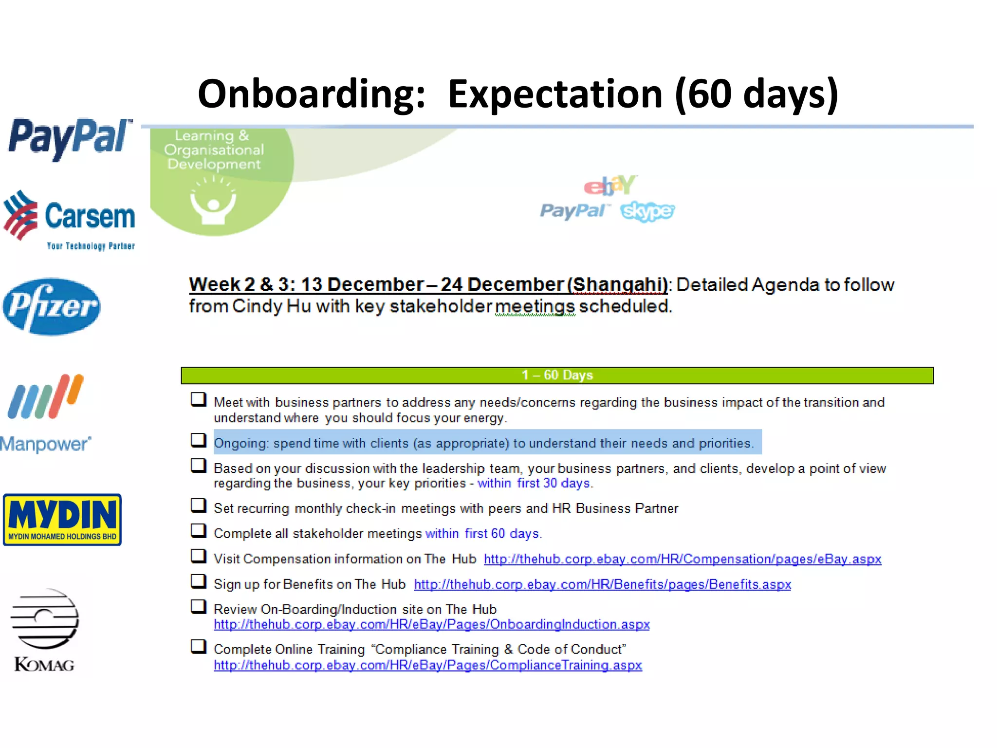 Onboarding: Expectation (60 days)
 