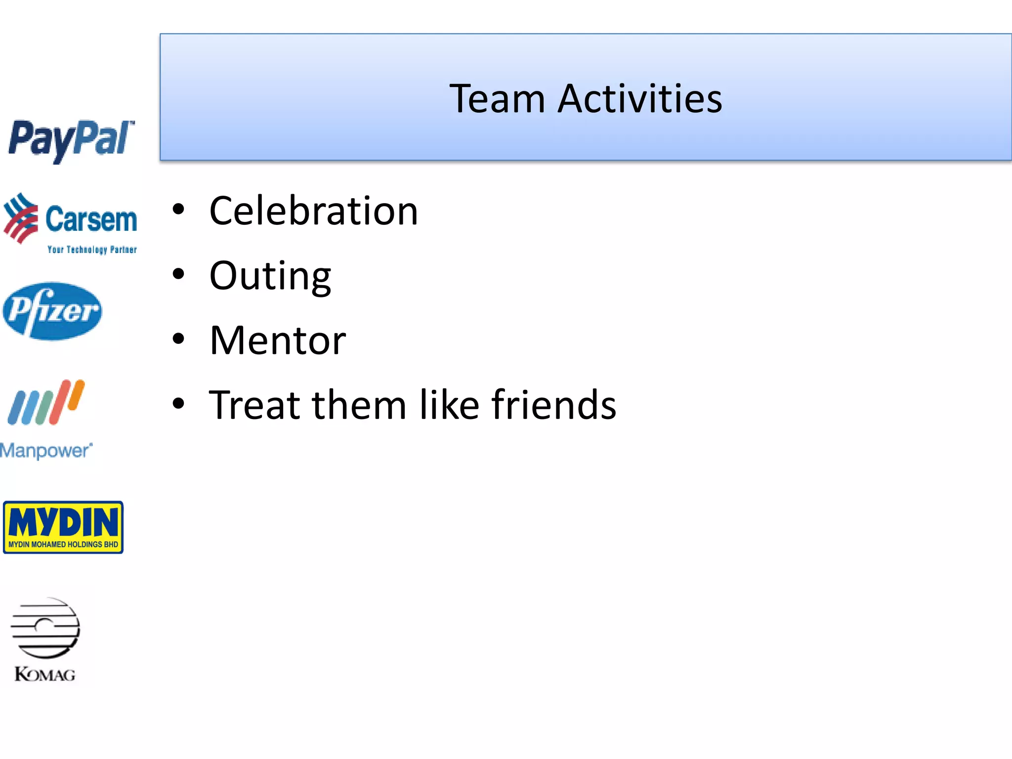 Team Activities

•   Celebration
•   Outing
•   Mentor
•   Treat them like friends
 