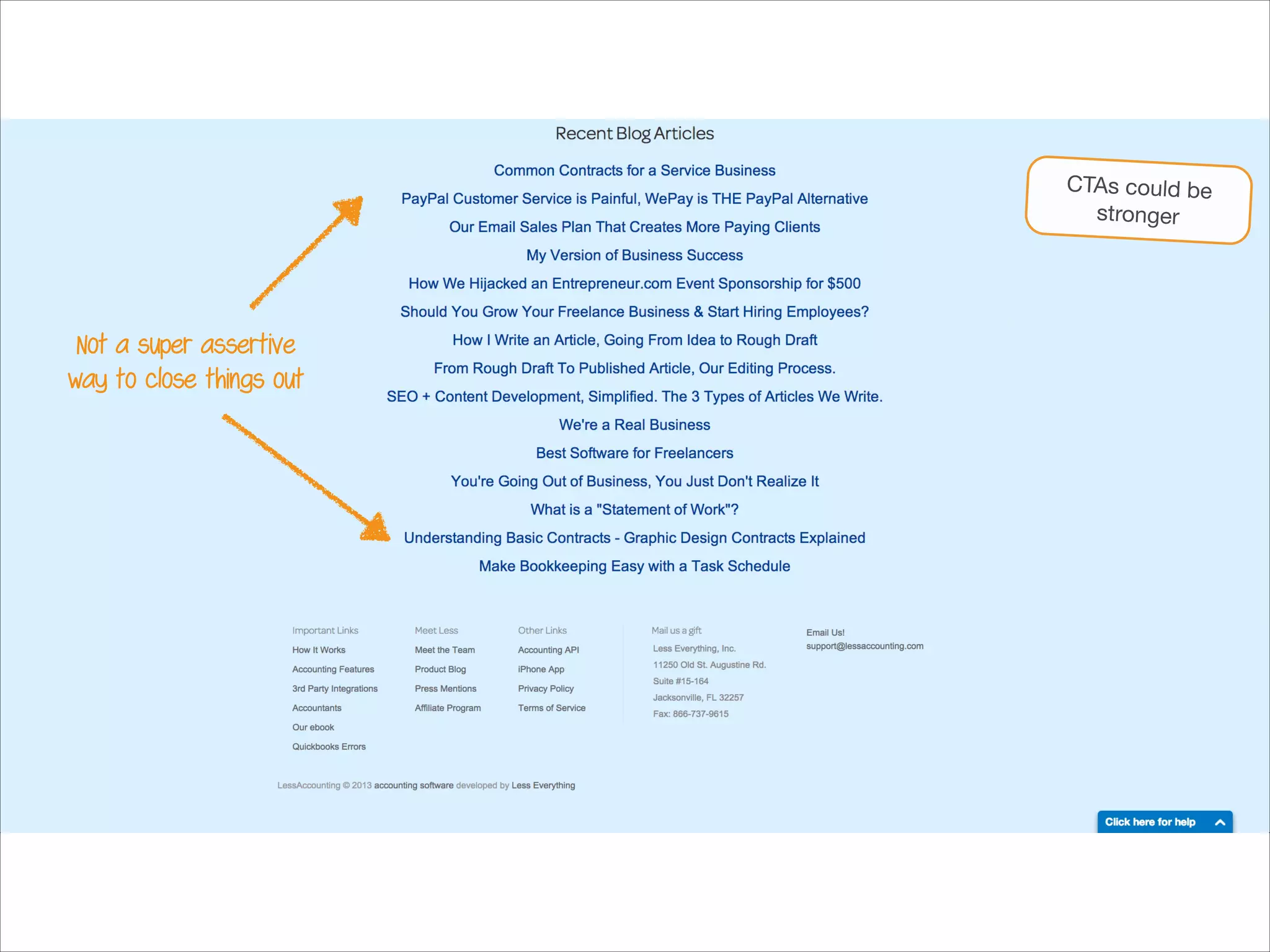 CTAs could be
stronger

Not a super assertive
way to close things out

 