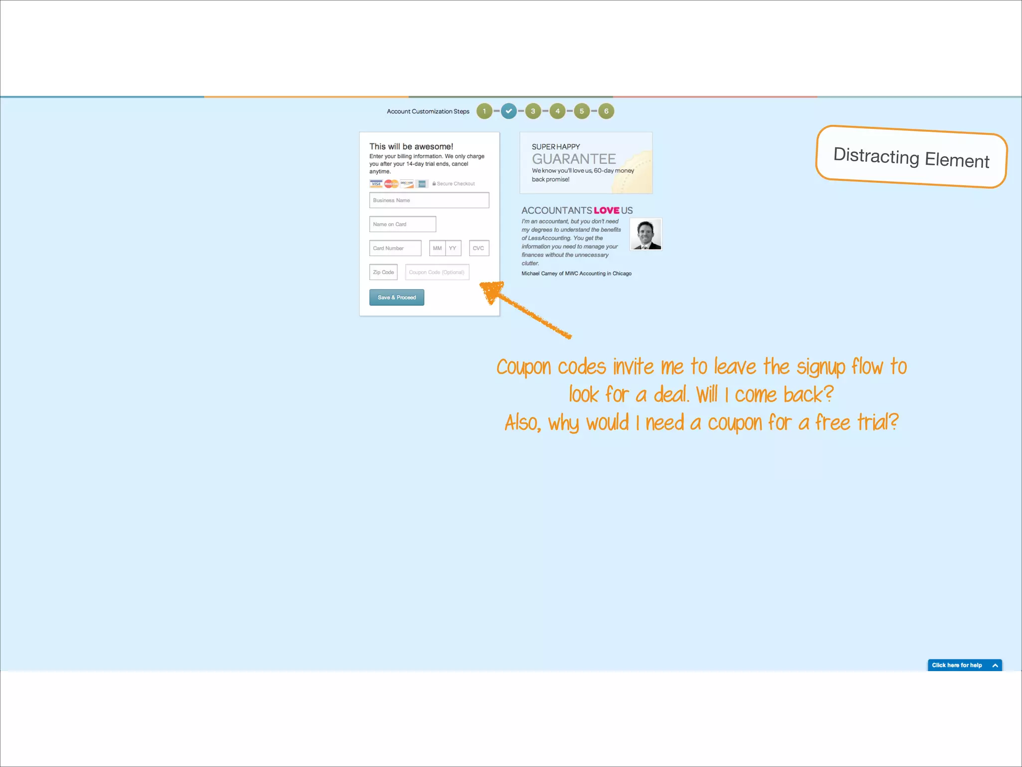 Distracting Element

Coupon codes invite me to leave the signup flow to
look for a deal. Will I come back?
Also, why would I need a coupon for a free trial?

 