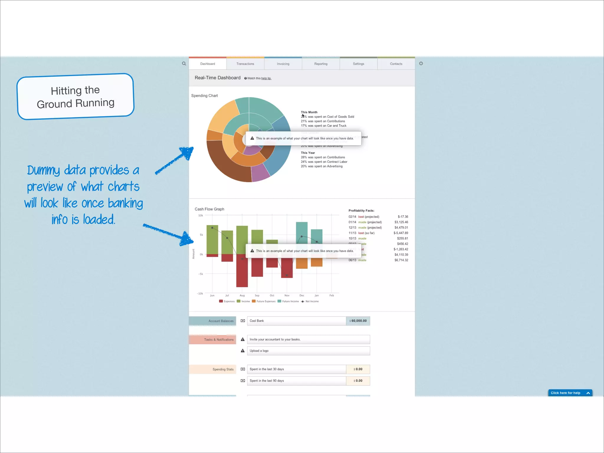 Hitting the

Ground Running

Dummy data provides a
preview of what charts
will look like once banking
info is loaded.

 