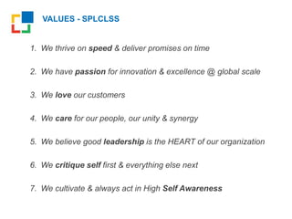 VALUES - SPLCLSS
1. We thrive on speed & deliver promises on time
2. We have passion for innovation & excellence @ global ...
