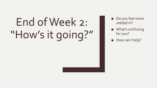End ofWeek 2:
“How’s it going?”
■ Do you feel more
settled in?
■ What’s confusing
for you?
■ How can I help?
 