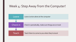 Week 4: Step Away from the Computer!
Teach Teach them to come to you when they’re stuck
Check in Check in periodically, make sure things are on track
Leave Leave Juniors alone at the computer
 