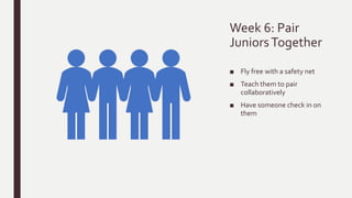 Week 6: Pair
JuniorsTogether
■ Fly free with a safety net
■ Teach them to pair
collaboratively
■ Have someone check in on
them
 