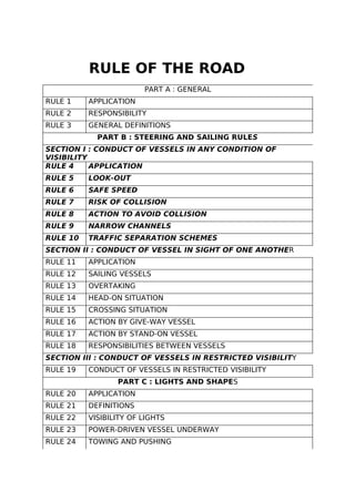 RULE OF THE ROAD
PART A : GENERAL
RULE 1 APPLICATION
RULE 2 RESPONSIBILITY
RULE 3 GENERAL DEFINITIONS
PART B : STEERING AND SAILING RULES
SECTION I : CONDUCT OF VESSELS IN ANY CONDITION OF
VISIBILITY
RULE 4 APPLICATION
RULE 5 LOOK-OUT
RULE 6 SAFE SPEED
RULE 7 RISK OF COLLISION
RULE 8 ACTION TO AVOID COLLISION
RULE 9 NARROW CHANNELS
RULE 10 TRAFFIC SEPARATION SCHEMES
SECTION II : CONDUCT OF VESSEL IN SIGHT OF ONE ANOTHER
RULE 11 APPLICATION
RULE 12 SAILING VESSELS
RULE 13 OVERTAKING
RULE 14 HEAD-ON SITUATION
RULE 15 CROSSING SITUATION
RULE 16 ACTION BY GIVE-WAY VESSEL
RULE 17 ACTION BY STAND-ON VESSEL
RULE 18 RESPONSIBILITIES BETWEEN VESSELS
SECTION III : CONDUCT OF VESSELS IN RESTRICTED VISIBILITY
RULE 19 CONDUCT OF VESSELS IN RESTRICTED VISIBILITY
PART C : LIGHTS AND SHAPES
RULE 20 APPLICATION
RULE 21 DEFINITIONS
RULE 22 VISIBILITY OF LIGHTS
RULE 23 POWER-DRIVEN VESSEL UNDERWAY
RULE 24 TOWING AND PUSHING
 