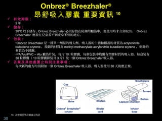 Onbrez® Breezhaler®
  有效期限 :
                  昂舒吸入膠囊 重要資訊                                       10

       2年
  儲存 :
       30℃ 以下儲存 , Onbrez Breezhaler 必須存放在防潮的鋁箔中，要使用時才立刻取出。 Onbrez
       Breezhaler 應放在兒童看不到或拿不到的地方。
  包裝 :
       •Onbrez Breezhaler 是一種單一劑量的吸入劑。吸入器的主體和帽蓋的材質為 acrylonitrile
       butadiene styrene ，按鈕的材質為 methyl methacrylate acrylonitrile butadiene styrene ，刺針的
       材質為不銹鋼。
       •PA/Alu/PVC – Alu 鋁箔片裝，每片 10: 粒膠囊，每個包裝中均附有塑膠材質的吸入器。每盒裝有
       30 粒膠囊（ 10 粒膠囊排裝共 3 片）及一個 Onbrez Breezhaler 吸入器。
  丟棄及其他處置之特別注意事項 :
       每次新的處方均須附加一個 Onbrez Breezhaler 吸入器。吸入器使用 30 天後應丟棄。



                                                                                  Mouthpiece
                                     Cap

                                                                                         Screen


                                                                                        Button
                                           Base         Blisters      Capsule chamber

                                Onbrez® Breezhaler®     Blister               Inhaler
                                      inhaler            card                  base
     10. 請參閱仿單詳細處方資訊
30
 