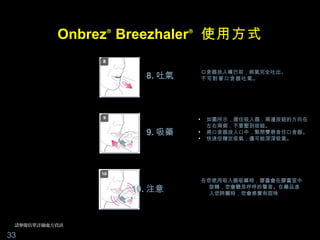Onbrez Breezhaler 使用方式
               ®             ®




                                     口含器放入嘴巴前，將氣完全吐出。
                     8. 吐氣           不可對著口含器吐氣。




                                 •    如圖所示，握住吸入器，兩邊按鈕的方向在
                                      左右兩側，不要壓到按鈕。
                     9. 吸藥       •    將口含器放入口中，緊閉雙唇含住口含器。
                                 •    快速但穩定吸氣，儘可能深深吸氣。




                                     在您使用吸入器吸藥時，膠囊會在膠囊室中
                   10. 注意              旋轉，您會聽見呼呼的聲音。在藥品進
                                       入您肺臟時，您會感覺有甜味




 請參閱仿單詳細處方資訊

33
 