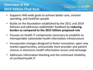 Overview of the
2015 Edition Final Rule
• Supports HHS-wide goals to achieve better care, smarter
spending, and healthier ...