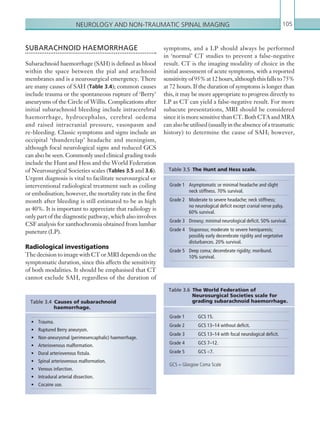Neurology and non-traumatic spinal imaging 105
symptoms, and a LP should always be performed
in ‘normal’ CT studies to prevent a false-negative
result. CT is the imaging modality of choice in the
initial assessment of acute symptoms, with a reported
sensitivityof95%at12hours,althoughthisfallsto75%
at 72 hours. If the duration of symptoms is longer than
this, it may be more appropriate to progress directly to
LP as CT can yield a false-negative result. For more
subacute presentations, MRI should be considered
since it is more sensitive than CT. Both CTA and MRA
canalsobeutilised(usuallyintheabsenceofatraumatic
history) to determine the cause of SAH; however,
SUBARACHNOID HAEMORRHAGE
Subarachnoid haemorrhage (SAH) is defined as blood
within the space between the pial and arachnoid
membranes and is a neurosurgical emergency. There
are many causes of SAH (Table 3.4); common causes
include trauma or the spontaneous rupture of ‘Berry’
aneurysms of the Circle of Willis. Complications after
initial subarachnoid bleeding include intracerebral
haemorrhage, hydrocephalus, cerebral oedema
and raised intracranial pressure, vasospasm and
re-bleeding. Classic symptoms and signs include an
occipital ‘thunderclap’ headache and meningism,
although focal neurological signs and reduced GCS
can also be seen. Commonly used clinical grading tools
include the Hunt and Hess and the World Federation
of Neurosurgical Societies scales (Tables 3.5 and 3.6).
Urgent diagnosis is vital to facilitate neurosurgical or
interventional radiological treatment such as coiling
or embolisation; however, the mortality rate in the first
month after bleeding is still estimated to be as high
as 40%. It is important to appreciate that radiology is
only part of the diagnostic pathway, which also involves
CSF analysis for xanthochromia obtained from lumbar
puncture (LP).
Radiological investigations
The decision to image with CT or MRI depends on the
symptomatic duration, since this affects the sensitivity
of both modalities. It should be emphasised that CT
cannot exclude SAH, regardless of the duration of
•	 Trauma.
•	 Ruptured Berry aneurysm.
•	 Non-aneurysmal (perimesencaphalic) haemorrhage.
•	 Arteriovenous malformation.
•	 Dural arteriovenous fistula.
•	 Spinal arteriovenous malformation.
•	 Venous infarction.
•	 Intradural arterial dissection.
•	 Cocaine use.
Table 3.4 Causes of subarachnoid
­haemorrhage.
Grade 1 GCS 15.
Grade 2 GCS 13–14 without deficit.
Grade 3 GCS 13–14 with focal neurological deficit.
Grade 4 GCS 7–12.
Grade 5 GCS 7.
GCS = Glasgow Coma Scale
Table 3.6 The World Federation of
­Neurosurgical Societies scale for
grading subarachnoid haemorrhage.
Grade 1 Asymptomatic or minimal headache and slight
neck stiffness. 70% survival.
Grade 2 Moderate to severe headache; neck stiffness;
no neurological deficit except cranial nerve palsy.
60% survival.
Grade 3 Drowsy; minimal neurological deficit. 50% survival.
Grade 4 Stuporous; moderate to severe hemiparesis;
possibly early decerebrate rigidity and vegetative
disturbances. 20% survival.
Grade 5 Deep coma; decerebrate rigidity; moribund.
10% survival.
Table 3.5 The Hunt and Hess scale.
K22247_C003.indd 105 16/05/15 3:08 AM
 