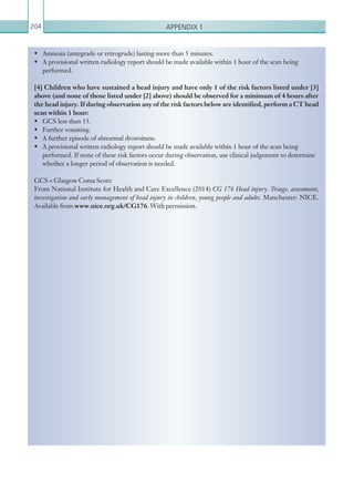 Appendix 1204
•	 Amnesia (antegrade or retrograde) lasting more than 5 minutes.
•	 A provisional written radiology report should be made available within 1 hour of the scan being
performed.
[4] Children who have sustained a head injury and have only 1 of the risk factors listed under [3]
above (and none of those listed under [2] above) should be observed for a minimum of 4 hours after
the head injury. If during observation any of the risk factors below are identified, perform a CT head
scan within 1 hour:
•	 GCS less than 15.
•	 Further vomiting.
•	 A further episode of abnormal drowsiness.
•	 A provisional written radiology report should be made available within 1 hour of the scan being
performed. If none of these risk factors occur during observation, use clinical judgement to determine
whether a longer period of observation is needed.
GCS = Glasgow Coma Score
From National Institute for Health and Care Excellence (2014) CG 176 Head injury. Triage, assessment,
investigation and early management of head injury in children, young people and adults. Manchester: NICE.
Available from www.nice.org.uk/CG176. With permission.
K22247_Appendix I.indd 204 16/05/15 3:15 AM
 