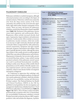 Chapter 110
PULMONARY EMBOLISM
Pulmonaryembolismisamedicalemergency,although
clinical presentation varies according to the degree of
arterial occlusion. Pulmonary emboli most commonly
arise from the deep venous system of the lower
extremities, but emboli can also occur from the upper
limbs, right-sided cardiac chambers and jugular venous
system. There are many risk factors for pulmonary
embolism,namelythosethatproduceahypercoagulable
state (Table 1.4). Occlusion of the pulmonary arteries
causes both respiratory and cardiovascular effects.
Respiratory effects include increased alveolar dead
space, hypoxaemia, hyperventilation and pulmonary
infarction. Cardiovascular effects include an increase
in pulmonary vascular resistance, which also results
in an increase in right ventricular afterload and right
ventricular failure (compounded by reflex pulmonary
arterial constriction). Symptoms and signs include
chest pain, dyspnoea, haemoptysis and collapse. Chest
pain is typically pleuritic in nature, although this classic
type of pain is only usually present in small peripheral
emboli that cause pleural inflammation and irritation.
Hypoxaemia is frequently, but not universally, present
on arterial blood gas analysis. Large emboli causing
proximal occlusion of the pulmonary arterial system
can result in profound haemodynamic instability,
leadingtocardiacarrest.Becauseofthisvariableclinical
presentation, it can be useful to clinically separate cases
into suspected massive and non-massive pulmonary
embolism, which in turn dictates further investigation
and urgency of diagnosis.
It is important to appreciate that radiology only
plays one part in the investigation pathway of suspected
non-massive pulmonary embolism, which also includes
clinical pre-test probability scoring and laboratory
D-dimer analysis. The National Institute for Health
and Clinical Excellence (NICE) in the UK has
published revised guidelines for the investigation and
managementofpulmonaryembolismbasedona2-level
WellsScoreratherthana3-levelWellsScore(Table1.5;
Figure 1.10, NICE, 2012). D-dimer analysis should be
performed only on patients with a low or intermediate
pre-test probability of pulmonary embolism; a normal
D-dimertestinthisscenariohasalmosta100%negative
predictive value and excludes the diagnosis. A positive
MAJOR RISK FACTORS (RELATIVE RISK 5–20)
Surgery (where appropriate
prophylaxis is used, relative
risk is much lower)
Major abdominal/pelvic
surgery.
Hip/knee replacement.
Postoperative intensive care.
Obstetrics Late pregnancy.
Caesarean section.
Puerperium.
Lower limb problems Fracture.
Varicose veins.
Malignancy Abdominal/pelvic.
Advanced/metastatic.
Reduced mobility Hospitalisation.
Institutional care.
Miscellaneous Previous proven venous
thromboembolus.
MINOR RISK FACTORS (RELATIVE RISK 2–4)
Cardiovascular Congenital heart disease.
Congestive cardiac failure.
Hypertension.
Superficial venous
thrombosis.
Indwelling central vein
catheter.
Oestrogens Oral contraceptive.
Hormone replacement
therapy.
Miscellaneous Chronic obstructive
pulmonary disease.
Neurological disability.
Occult malignancy.
Thrombotic disorders.
Long-distance sedentary
travel.
Obesity.
Other (inflammatory
bowel disease, nephrotic
syndrome, chronic dialysis,
myeloproliferative disorders,
paroxysmal nocturnal
haemoglobinuria, Behçet’s
disease).
Table 1.4 Risk factors for venous
thromboembolism (Campbell
et al., 2003).
K22247_C001.indd 10 16/05/15 3:06 AM
 
