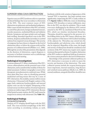 Chapter 120
familiarity with the wide variation of appearances of the
‘normal’ SVC is important. Any large extrinsic mass
significantly compressing the SVC is easily evident on
CT (Figures 1.23a–c). Difficulty comes in identifying
intrinsic SVC thrombus or tumour infiltration, since
flow in the SVC can often be turbulent. This is made
even more challenging by the dilution of IV contrast
material in the SVC by unenhanced blood from the
IVC, which can simulate intraluminal thrombus.
Thrombus should be suspected in the presence of a
focal filling defect in the SVC lumen, which may also
cause expansion of the lumen with localised stranding
of the adjacent fat. Thrombus may extend into the
brachiocephalic and subclavian veins, which should
also be inspected. Regardless of the cause, the length
and severity of obstruction should be considered; total
occlusion of the SVC lumen may require more urgent
treatmentthanpartialocclusion.Completeobstruction
of the SVC results in a significant hold up of contrast in
the venous system proximal to the level of obstruction.
Knowledge of the potential collateral pathways in
SVC obstruction is necessary in order to assess the
severity and duration of the obstruction. The main
collateral systems include the azygous-hemiazygous
(most important), internal mammary, long thoracic
and vertebral venous pathways (Sheth et al., 2009). In
normalconditions,antegradebloodflowshouldbeseen
SUPERIOR VENA CAVA OBSTRUCTION
Superiorvenacava(SVC)syndromereferstoaspectrum
of clinical findings that occur secondary to obstruction
of the SVC. The most common causes of SVC
obstructionarepulmonaryandmediastinalmalignancy.
Other causes include thrombosis of the SVC secondary
to central line placement, benign mediastinal tumours,
vascular aneurysms, mediastinal fibrosis and radiation
fibrosis. Symptoms and signs include neck and upper
limb swelling, distended superficial veins in the SVC
territory,dyspnoeaandheadache(secondarytocerebral
oedema from impaired venous drainage). The severity
of symptoms has been shown to depend on the level of
obstruction (above or below the azygous arch) and the
presence of a collateral network (Plekker et al., 2008).
Althoughtheseverityofthepresentationoftendepends
on the duration of obstruction, urgent diagnosis is
necessary to facilitate treatment such as radiotherapy
and interventional stenting.
Radiological investigations
Contrast enhanced CT allows visualisation of the SVC,
venous collateralisation and the potential cause of the
obstruction,andisconsideredthemodalityofchoicefor
initial assessment. Catheter venography is reserved for
therapeutic stent placement in confirmed cases. While
chest plain films have value in identifying potential
mediastinal and lung masses that may be a cause of
SVC obstruction, this modality cannot confirm venous
obstruction. Ultrasound with Doppler analysis of the
upper limb, subclavian brachiocephalic and internal
jugular veins can also be helpful. Dampening of the
normalvenouswaveformandlossofnormalrespiratory
variationareindirectsignsofSVCobstruction.Because
ofthelimitedacousticwindow,theSVCitselfcannotbe
imaged in its entirety with ultrasound. (See Table 1.9.)
Radiological findings
Computed tomography
Analysis of CT imaging should begin with the SVC
itself. The cross-sectional morphology of the SVC
varies according to circulating volume; as such,
MODALITY PROTOCOL
CT Post IV contrast: 100 ml IV contrast via
18G cannula, 3 ml/sec. Scan at 30 seconds
after initiation of injection. Scan from lung
apices to diaphragm level.
Table 1.9 Superior vena cava obstruction.
Imaging protocol.
K22247_C001.indd 20 16/05/15 3:06 AM
 