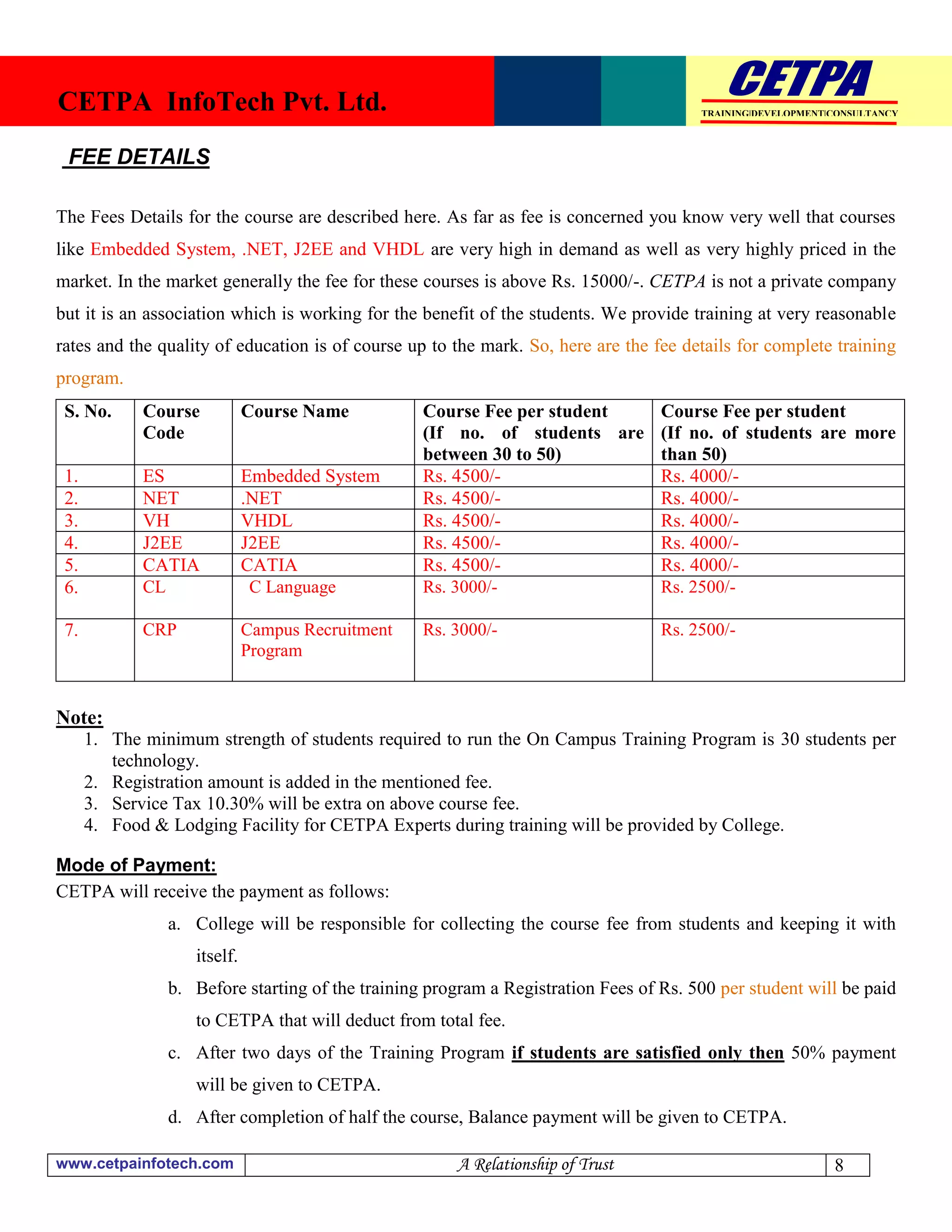 CETPA InfoTech Pvt. Ltd.                                                               TRAINING|DEVELOPMENT|CONSULTANCY




 FEE DETAILS

The Fees Details for the course are described here. As far as fee is concerned you know very well that courses
like Embedded System, .NET, J2EE and VHDL are very high in demand as well as very highly priced in the
market. In the market generally the fee for these courses is above Rs. 15000/-. CETPA is not a private company
but it is an association which is working for the benefit of the students. We provide training at very reasonable
rates and the quality of education is of course up to the mark. So, here are the fee details for complete training
program.
 S. No.      Course          Course Name          Course Fee per student  Course Fee per student
             Code                                 (If no. of students are (If no. of students are more
                                                  between 30 to 50)       than 50)
 1.          ES              Embedded System      Rs. 4500/-              Rs. 4000/-
 2.          NET             .NET                 Rs. 4500/-              Rs. 4000/-
 3.          VH              VHDL                 Rs. 4500/-              Rs. 4000/-
 4.          J2EE            J2EE                 Rs. 4500/-              Rs. 4000/-
 5.          CATIA           CATIA                Rs. 4500/-              Rs. 4000/-
 6.          CL               C Language          Rs. 3000/-              Rs. 2500/-

 7.          CRP             Campus Recruitment   Rs. 3000/-                      Rs. 2500/-
                             Program


Note:
      1. The minimum strength of students required to run the On Campus Training Program is 30 students per
         technology.
      2. Registration amount is added in the mentioned fee.
      3. Service Tax 10.30% will be extra on above course fee.
      4. Food & Lodging Facility for CETPA Experts during training will be provided by College.

Mode of Payment:
CETPA will receive the payment as follows:
                a. College will be responsible for collecting the course fee from students and keeping it with
                   itself.
                b. Before starting of the training program a Registration Fees of Rs. 500 per student will be paid
                   to CETPA that will deduct from total fee.
                c. After two days of the Training Program if students are satisfied only then 50% payment
                   will be given to CETPA.
                d. After completion of half the course, Balance payment will be given to CETPA.

www.cetpainfotech.com                                 A Relationship of Trust                               8
 