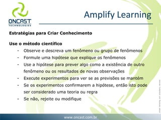 Amplify Learning Estratégias para Criar Conhecimento Use o método científico Observe e descreva um fenômeno ou grupo de fenômenos Formule uma hipótese que explique os fenômenos Use a hipótese para prever algo como a existência de outro fenômeno ou os resultados de novas observações Execute experimentos para ver se as previsões se mantém Se os experimentos confirmarem a hipótese, então isto pode ser considerado uma teoria ou regra Se não, rejeite ou modifique 